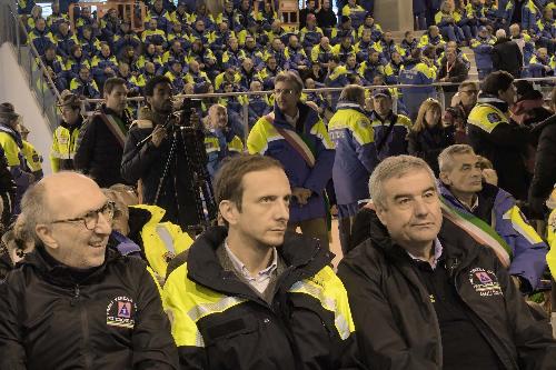 Il governatore Fedriga con il vicegovernatore con delega alla Protezione civile, Riccardo Riccardi, e il capo dipartimento della Protezione civile nazionale Angelo Borrelli